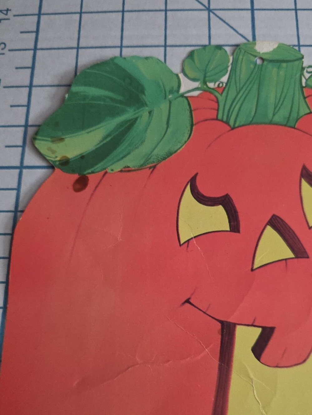 Orange Pumpkin Wall Decoration with Green Leaf Accents, Die-cut, Vintage - Picture 5 of 12